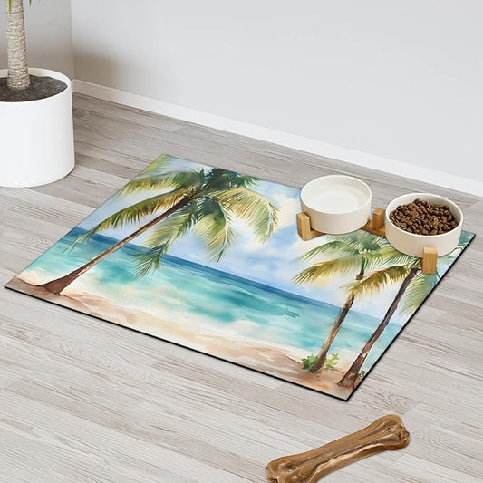Summer Beach Dog Food Mat for Floors Absorbent, Quick Dry Water Dispenser Mat for Food, Water, Pet Supplies 24" x 32", Tropical Palm Tree
