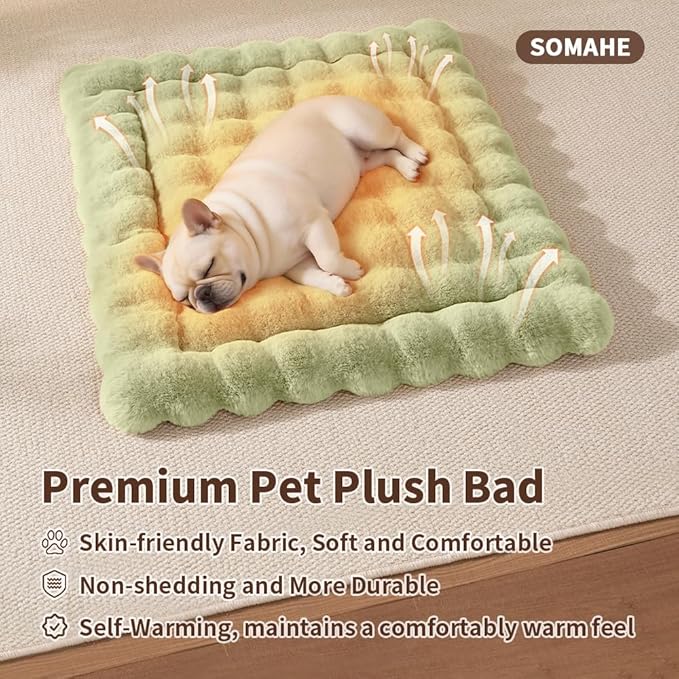Self-Warming Cat Bed, Plush Faux Fur Pet Bed Mat with Anti-Slip Bottom, Ultra Soft Heated Bed for Cats & Medium Dogs, Cozy Fluffy Pad for Couch & Crate, Machine Washable, 27x20 Inch Green