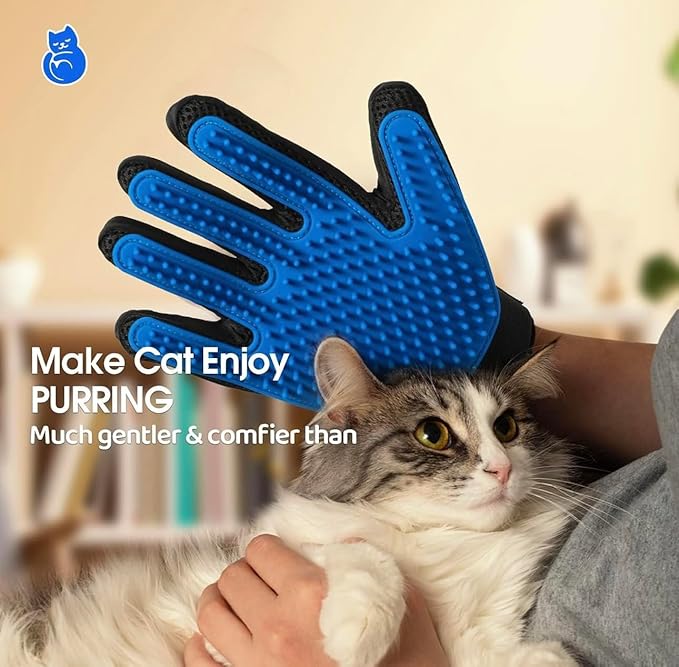 Pet Grooming Glove with 255 Tips, Hair Removal Brush for Dogs and Cats, Blue and Black, Catches 50% More Hair