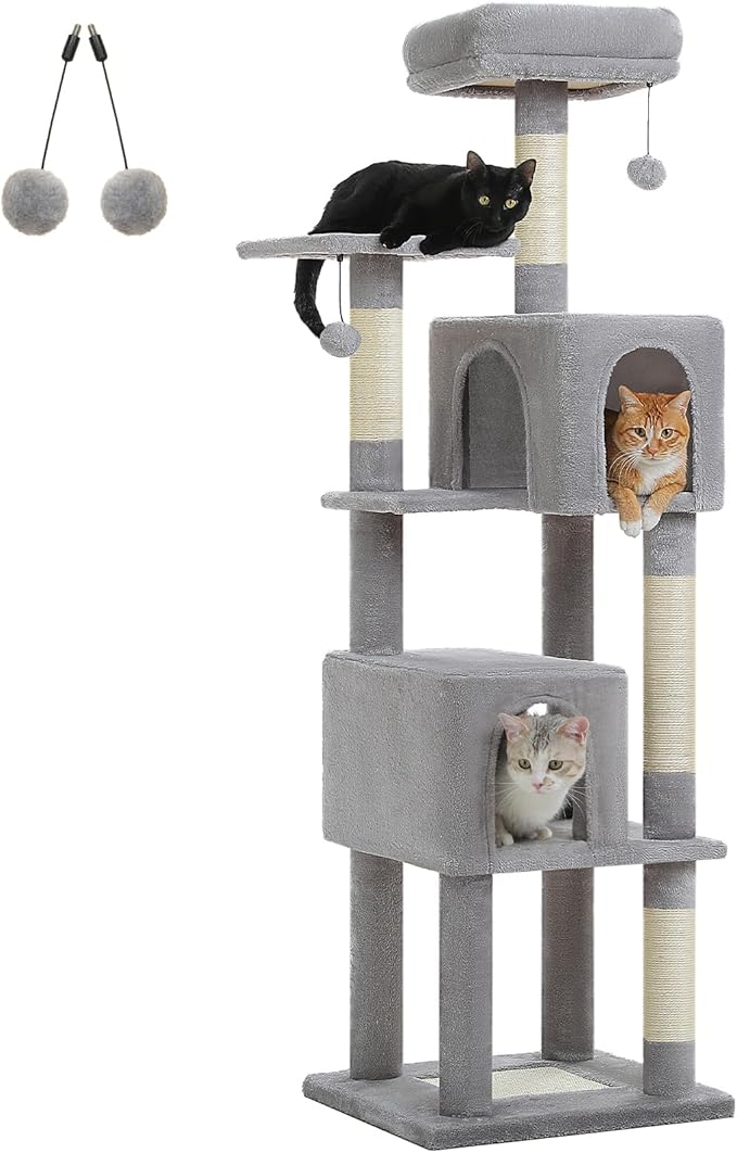 Cat Tree for Indoor Cats, 62" Multi-Level Cat Tower with 2 Spacious Condos, Scratching Pad, 4 Cat Scratching Posts, 2 Top Perches, 2 Pompoms, Grey