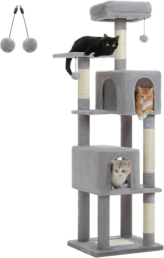Cat Tree for Indoor Cats, 62" Multi-Level Cat Tower with 2 Spacious Condos, Scratching Pad, 4 Cat Scratching Posts, 2 Top Perches, 2 Pompoms, Grey
