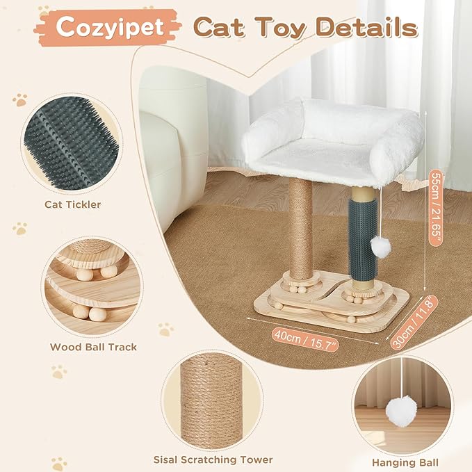 Scratching Post with Bed for Indoor Small Kittens, 4 in 1 Cat Tree with Self Groomer, Track Balls, Natural Sisal Cat Tower with Interactive Toy