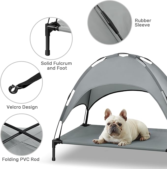 Heeyoo Elevated Dog Bed with Canopy, Portable Dog Cot with Removable Shade Tent, Outdoor Raised Pet Cot Cooling Bed for Dogs