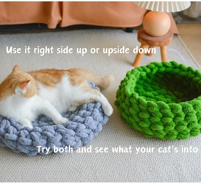 Cat Nest Bed - Premium Self Warming Handwoven Washable Extra Soft Round Cave House for Indoor Kitten & Kitty, Small & Large (DGreen,Medium)