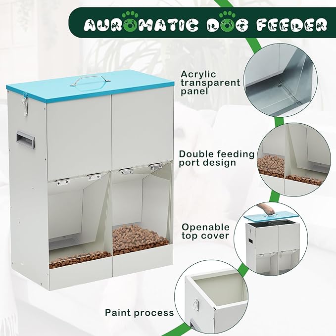 Gravity Automatic Dog Feeder for 2 Dogs 46 lbs Capacity Galvanized Metal Self Feeding Dog Food Dispenser Large Breed for Outdoor and Indoor Use