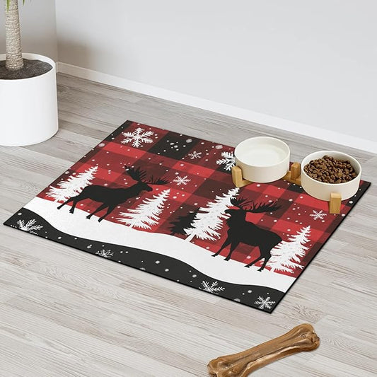 Winter Snowflakes Trees Moose Dog Food Mat for Floors Absorbent, Quick Dry Water Dispenser Mat for Food, Water, Pet Supplies 16" x 24",