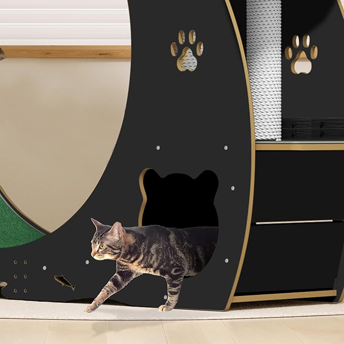 Cat Wheels for Indoor Cats, 48" Large Treadmill Wheel for Indoor Cats with Bowls, Scratch Post, 3-Level Jumping Tower, Cat Exercise Wheel for Running Walking Training