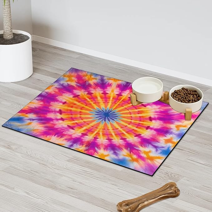 Tie Dye Dog Food Mat for Floors Absorbent, Quick Dry Water Dispenser Mat for Food, Water, Pet Supplies 17" x 30", Colorful Mandala