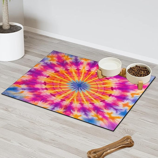Tie Dye Dog Food Mat for Floors Absorbent, Quick Dry Water Dispenser Mat for Food, Water, Pet Supplies 24" x 32", Colorful Mandala
