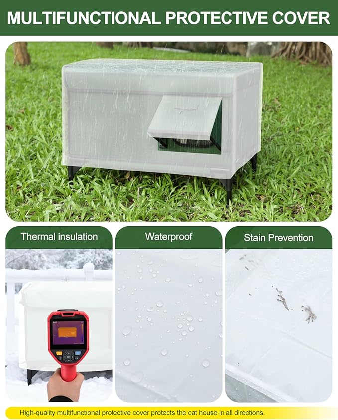 Heated Cat House for Outside,Dual Camera Mounts,100% Weatherproof & Extremely Insulated,Elevated Feral Cat Shelter with Escape Door,Waterproof Eaves for Outdoor Stray Barn Cat(Army Green,L)