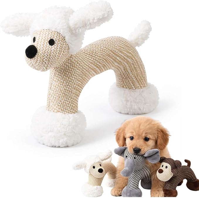 Pet Lori Linen Safari Companions with Squeaker & Crinkle - Durable Chew-Resistant Plush Toy for Small & Medium Dogs, Anxiety Relief & Teeth Cleaning, Fun Elephant & Lion Animal Shapes (Sheep)