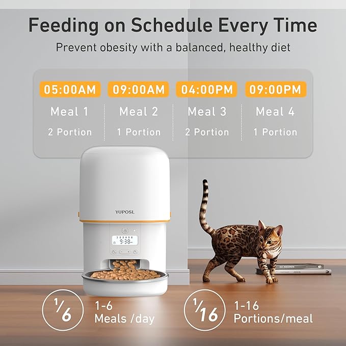 Automatic Cat Feeder, 3L Cat Food Dispenser with Anti-Jam Design, Over 180-day Battery Life, 1-6 Meals Per Day with Stainless Steel Cat Bowl, Keep Dry Food Fresh, Timed Pet Feeder Also for Small Dog