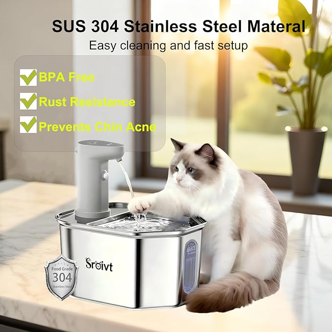 Cat Water Fountain Stainless Steel - cat Fountain - Water Fountains for Cats - pet Water Fountain - Dog Water Fountain - Stainless Steel cat Water Fountain Cordless - 88oz/2.6L,1Filters