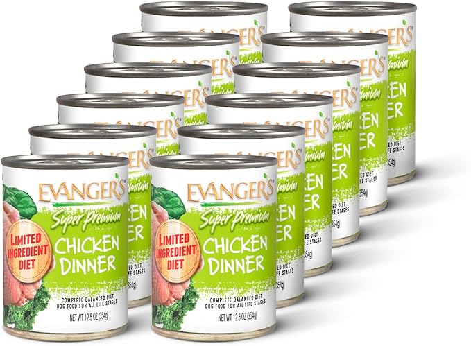 Evanger's Super Chicken Dinner for Dogs – 12 Count, 12.5 oz Each – Limited Ingredient Diet, Grain & Gluten Free, With Spinach & Kale – Balanced Wet Dog Food