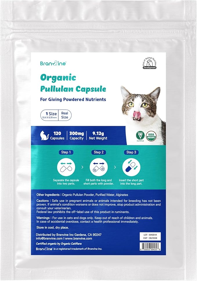 Organic Pullulan Empty Capsules for Cats - Hides Medicine Taste & Scent | Naturally Fermented, Highly Digestible | Capacity Up to 350mg (120 Counts)