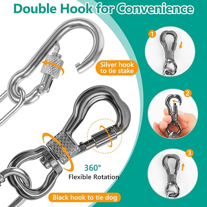 Tresbro Heavy Duty Dog Chains for Outside, 20FT Stainless Steel Tie Out Cable with Swivel Hook for Large Medium Dogs, Metal Chew Proof Pet Runner Chain Leash Lead for Outdoor Camping Hiking Yard, 4MM