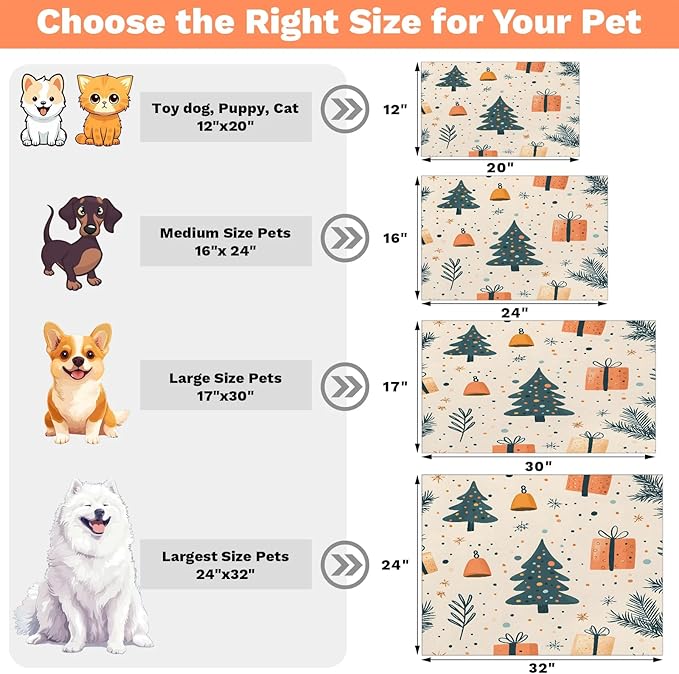 Christmas Tree Dog Food Mat for Floors Absorbent, Quick Dry Water Dispenser Mat for Food, Water, Pet Supplies 24" x 32", Merry Christmas