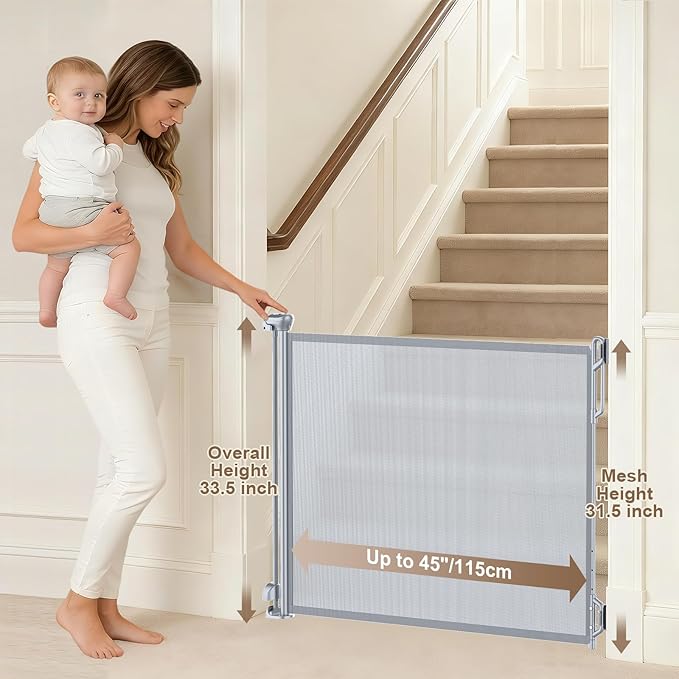 Retractable Safety Baby Gate or Mesh Dog Gate,Durable Portable Mesh Retractable Gate,Easy to Use for Stairs, Doorways, Hallways, Indoor, Outdoor, 33.5" Tall, Up to 45" Wide, Gray