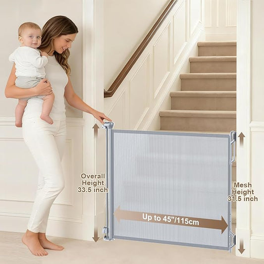 Retractable Safety Baby Gate or Mesh Dog Gate,Durable Portable Mesh Retractable Gate,Easy to Use for Stairs, Doorways, Hallways, Indoor, Outdoor, 33.5" Tall, Up to 45" Wide, Gray