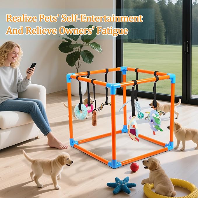 Liitrton Puppy Play Gym - Small Dogs Play Gym with 8 Hanging Toys, Indoor Puppy Jungle Gym with Interactive Dog Enrichment Toys, 19.5"x19.5"x19.5" PVC Frame (Orange)