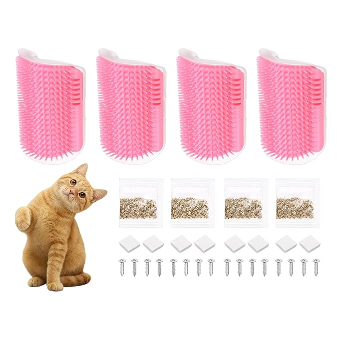 Self Grooming Cat Brush, Cat Self Groomer Scratcher with Catnip Softer Scratchers Wall Corner Groomer Massage Combs (4Pcs, S, Pink) for Long Short Fur Pets/Kittens/Puppies