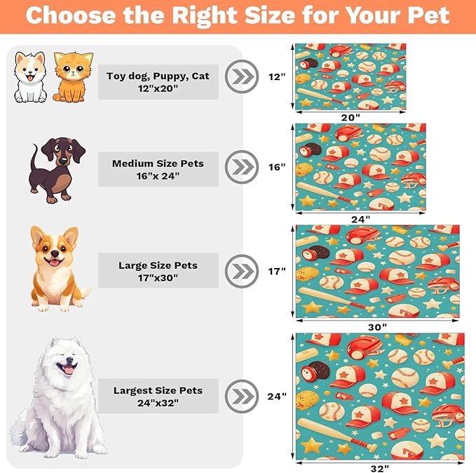 Baseball Dog Food Mat for Floors Absorbent, Quick Dry Water Dispenser Mat for Food, Water, Pet Supplies 12" x 20", Sport