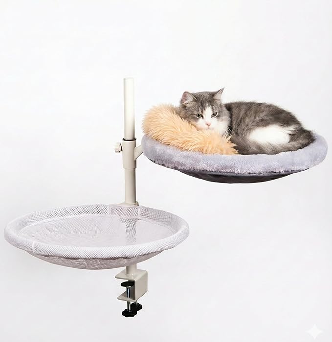 All Season Cat Perch with Catnip Pillow, Cat Desk Bed with 360° Rotation & Height Adjustment, 40LBS Capacity – Summer & Winter Washable & Removable Nests
