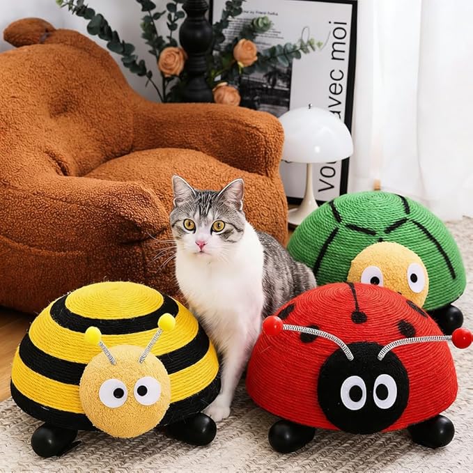 Sisal Cat Scratching Post, Durable Small Cat Scratcher for Indoor Cats, Anti-Scratch Furniture Protector with Cute Animal Shapes, Scratch Toy for Kittens, Non Falling Toy with Ball (Ladybug)