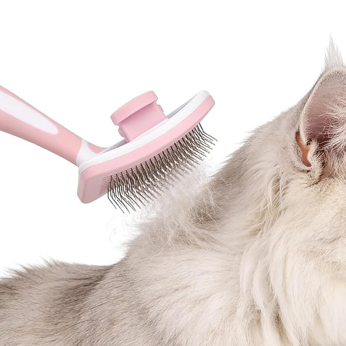 Cat Grooming Brush, Self-Cleaning Slicker Brush, Cat Brushes for Indoor Cats - Easily Removes Loose Undercoat, Pet Massage Tool Suitable for Pets with Long or Short Hair, Quick Clean (Pink)