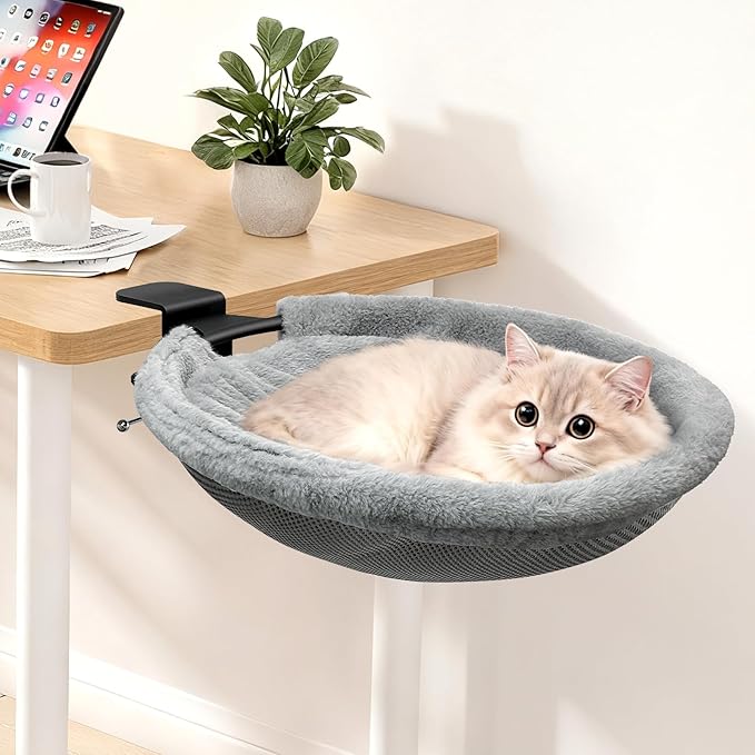 Cat Desk Bed, 2 in 1 Comfy & Space-Saving Cats Bed for Desk, Cat Desk Hammock with Dual-Sided Reversible Mat for Hard Wall and Various Desktops-Maximum Hold Up to 40lb