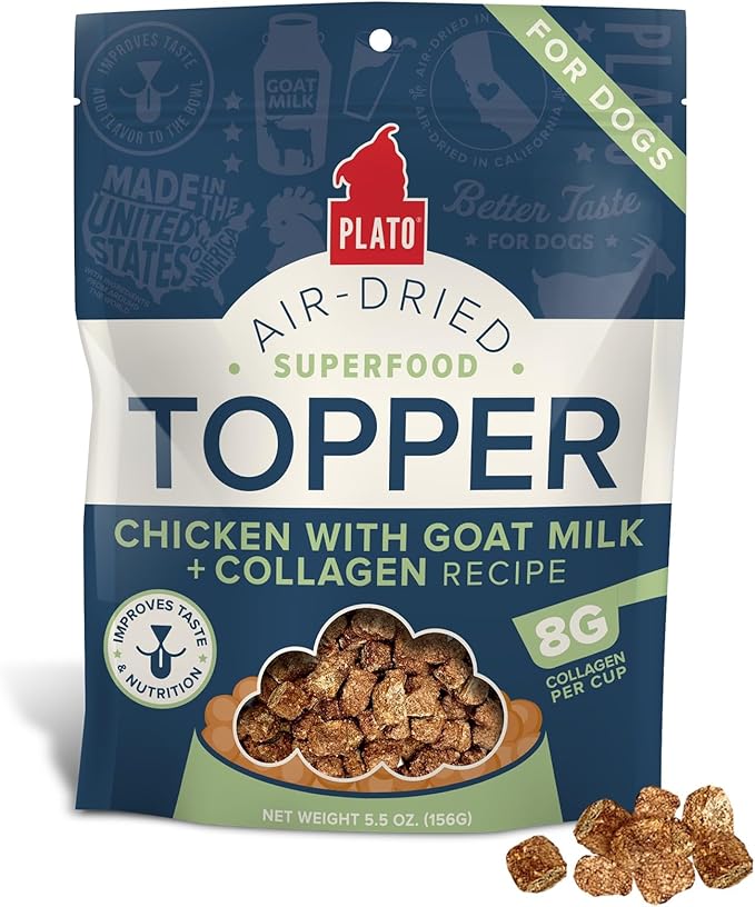Plato Pet Treats Dog Food Toppers - Air-Dried Dog Food Toppers for Dry Food - with Collagen to Support Skin and Coat Health - Goat Milk & Collagen Recipe 5.5oz