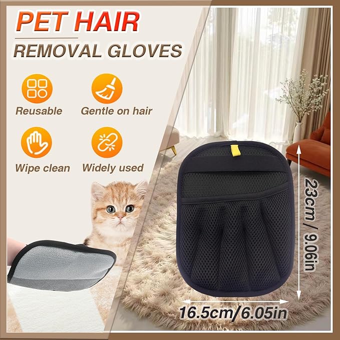 Pet Hair Remover Glove - Reusable Electrostatic Five-Finger Gloves for Cat/Dog Hair Removal on Furniture, Carpet & Clothes (2PCS)