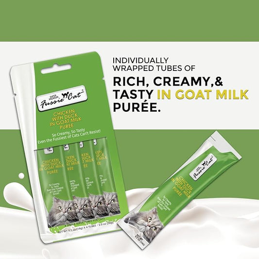 Fussie Cat Super Premium Chicken with Duck in Goat Milk Puree, lickable cat Treats, 0.5oz Pouch Pack of 4