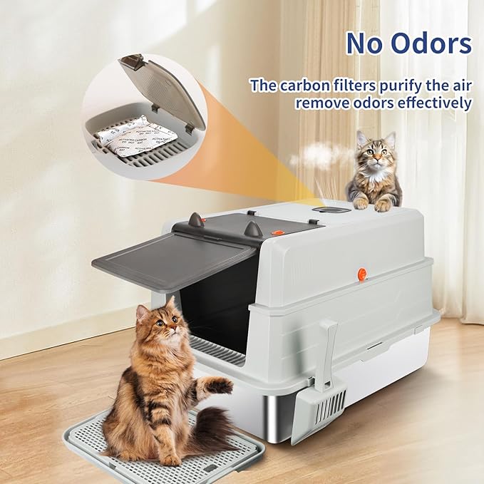 XXXL Stainless Steel Litter Box with Lid, Extra Large 28" L x 20" W x 17" H Enclosed Metal Cat Litter Box with Litter Scoop & Foot Pedal, Odor Control for Big Cats, Multiple Cats (Light Grey)