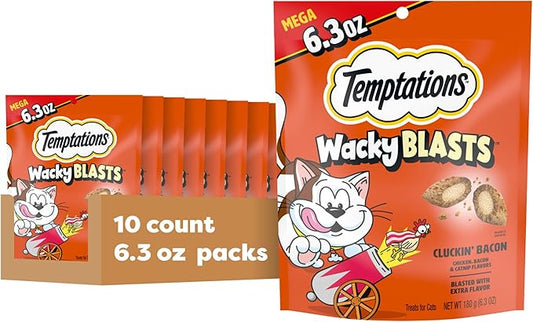Temptations Wacky Blasts Cat Treats, Cluckin’ Bacon Flavor, 6.3 oz. Pouch (Pack of 10)