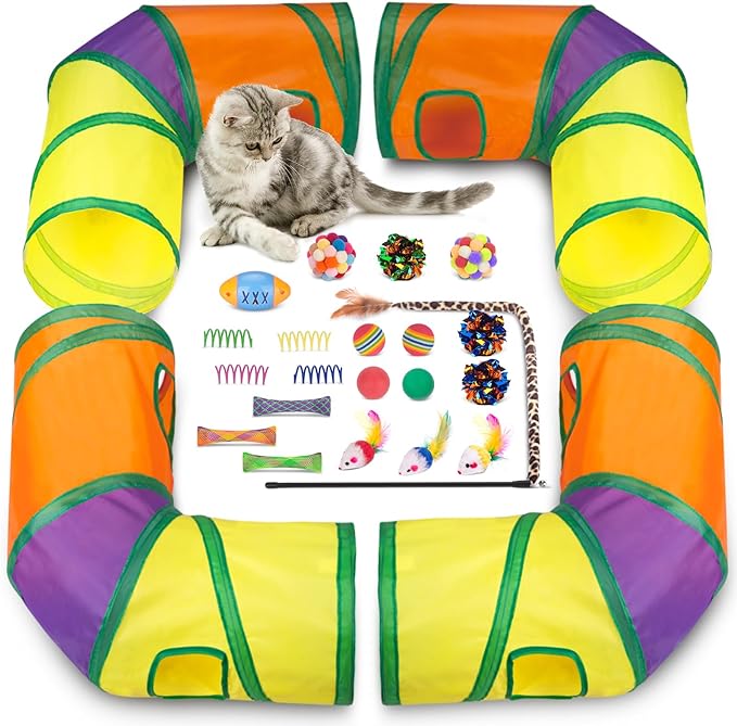 Retro Shaw 25Pcs Cat Toys with Kitten Tunnels, Interactive Kitty Toys for Indoor Cats, Large Cat Tube Tent Feather Wand Teaser Balls Bell Fuzzy Springs Mouse Crincly - Extra Longer Cats Tunnel Set