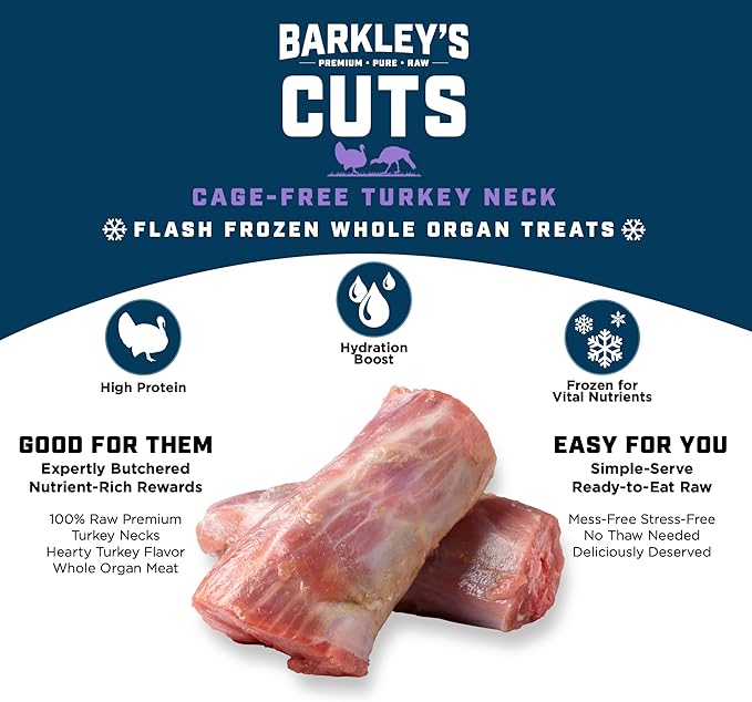 Barkley’s Cuts, Frozen Raw Sliced Turkey Necks Dog Treats, Single Ingredient, Flash Frozen, High Protein Training Treats and Food Toppers for Puppies and Dogs, Human Grade Ingredients, 16 Oz Bag