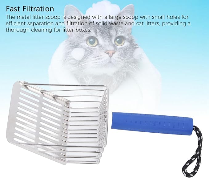 Cat Litter Scoop, Removable Handle Cat Litter Sifter, Stainless Steel Fast Filtration Cat Litter Shovel for Kitten Cat Dog Poop (Blue)