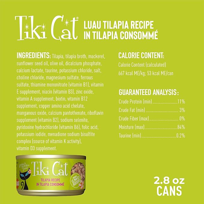 Tiki Cat Luau Shredded Meat, Tilapia Recipe in Tilapia Consumme, Grain-Free Balanced Nutrition Wet Canned Cat Food, For All Life Stages, 2.8 oz. Can (12 Count)