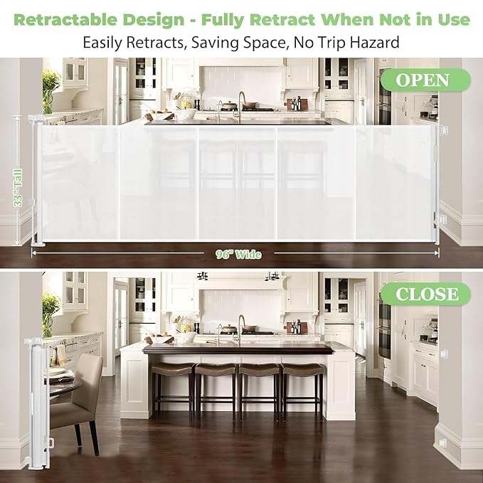 Reinforced 96" Wide Retractable Baby Gates Extra Wide Dog Gate with Support Rods - Prevent Crawling Under, Retractable Dog Gate Indoor Outdoor Retractable Gate Wide Baby Gates for Large Openings,White