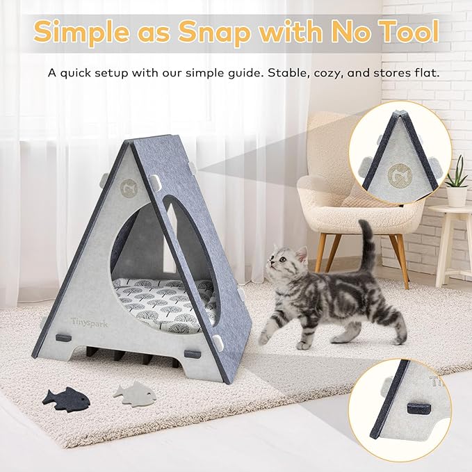 Triangle Cat Tent with Removable Pad, Enclosed Pet Bed & Hideaway for Small Cats, Includes 4 Felt Toys, Portable Gray Beige House, 17.7" L x 18.5" W x 20.5" H