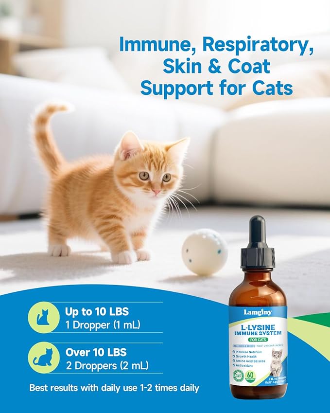 Lysine Supplement for Cat, Immune Support for Cats, with L-Lysine HCI, Niacinamide, L-Taurine, Folic Acid, Vitamins, Runny Nose, Sneezing & Allergy Relief, Respiratory Health, Eye Function Supplement