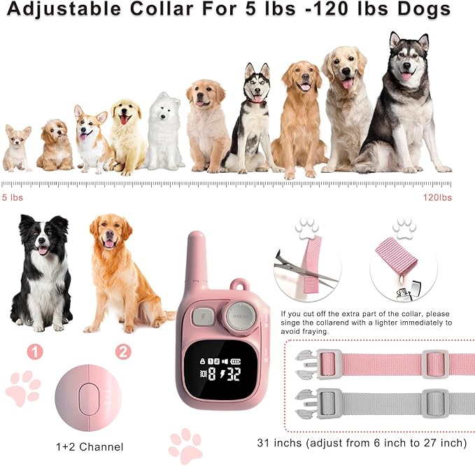 Training Collar Dogs, 1 Remote 1800FT Control 2 Collars, Cat Shock Collars Rechargeable, Pink Electric Collar for 5-120 lbs Small Medium Large Breed Dogs, Adjustable, Waterproof, Vibration
