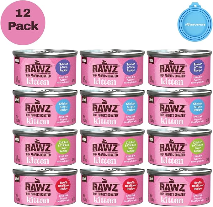 Rawz Natural Premium Kitten Pate Canned Cat Wet Food -12 Pack Cans Variety Flavor Pack -4 Flavors - (Salmon, Chicken, Tuna, Beef) Pets Can Lid - (2.8 oz Cans)