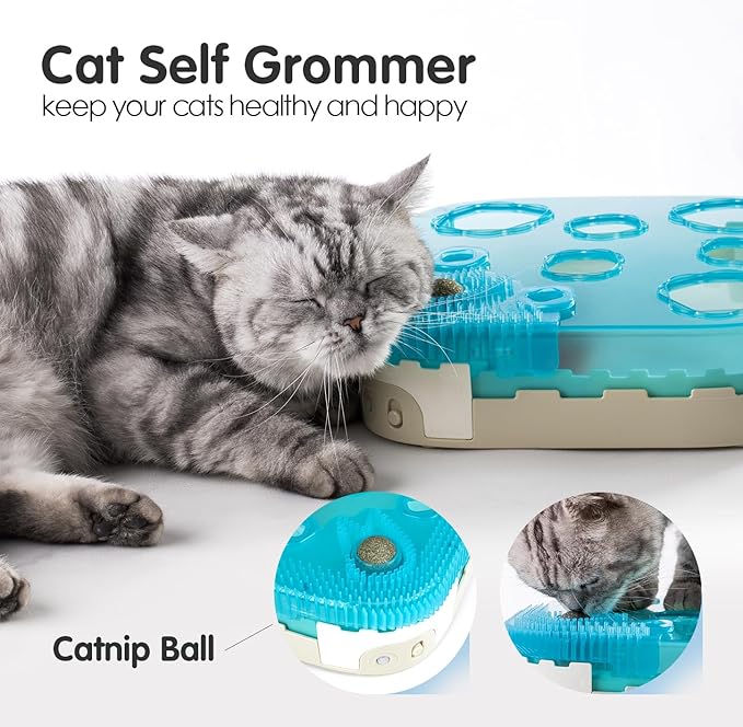 Migipaws 7-in-1 Interactive Cat Toy Motion Activated Indoor Playset with Automatic Pop Bounce Cat Ball, Feather Palm Tree Wand, Catnip Ball & Self-Grooming Cardboard House Rechargeable