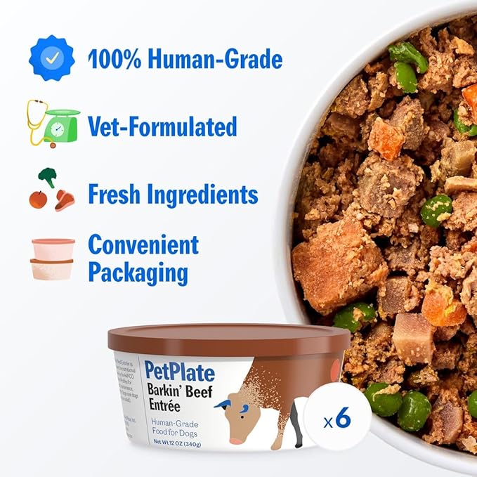 PetPlate Human-Grade Fresh Dog Food, Barkin’ Beef Entrée – Wet Dog Food for All Breeds – High-Protein, Natural – 12-oz Cups, Case of 6