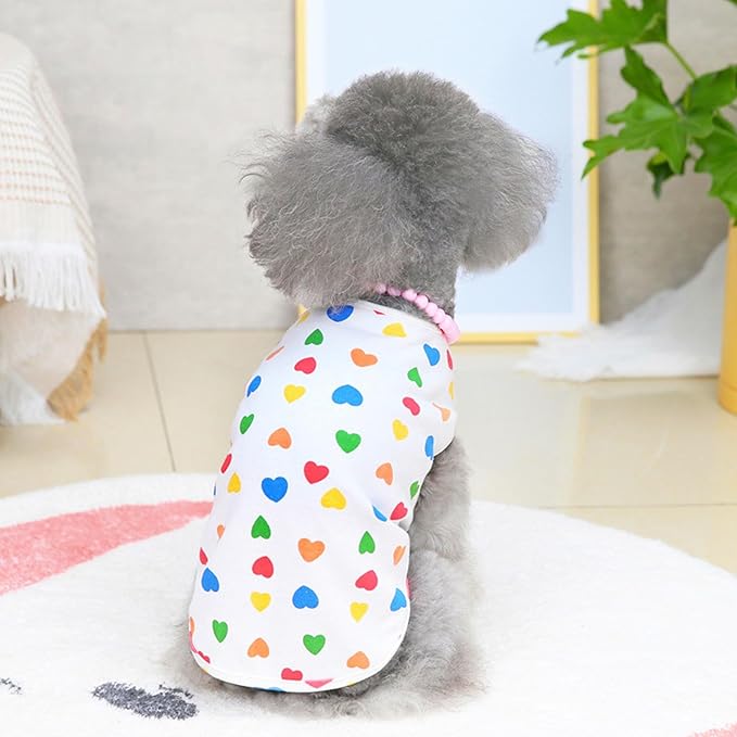 Generic Summer Pet Clothes Breathable Colorful Heart Pattern Vest Shirt for Small to Medium Cats and Dogs, White L Size, Lightweight Summer Pet Supply Accessory