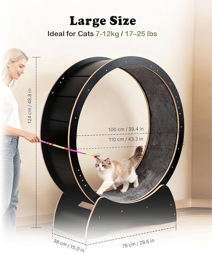 43.3" Cat Exercise Wheel for Large Indoor Cats, Black Cat Running Wheel with 2 Replacement Carpets, Silent Cat Treadmill with Locking Mechanism, Sturdy Cat Fitness Furniture for Cats up to 25 lbs