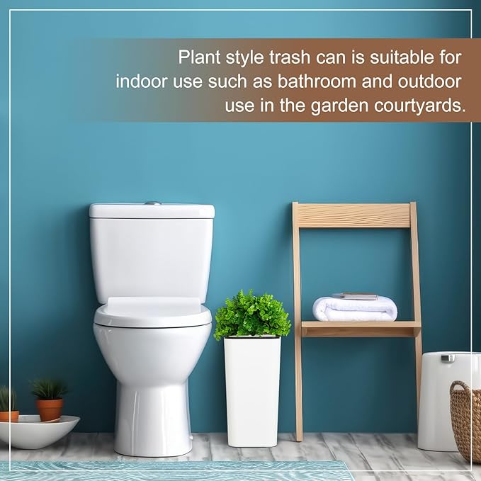 Dog Poop Trash Can Outside 3.96 Gal/15 L Plant Styled Dog Waste Trash Can with Lid 50 Pcs Plastic Waste Bags Outdoor Indoor Poop Container Slim Garbage Bin for Yard Garden Pet (White)