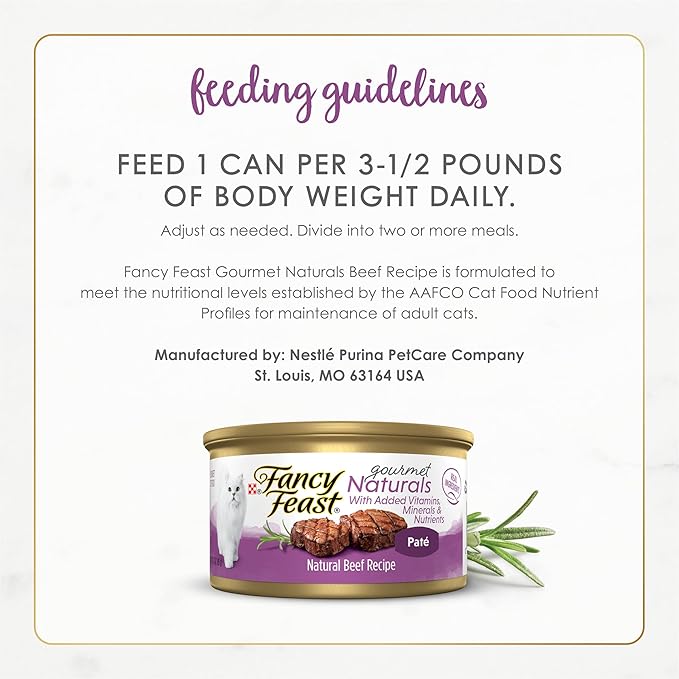 Fancy Feast Purina Pate Wet Cat Food Gourmet Naturals Beef Recipe with Added Vitamins,Minerals and Nutrients - 3 oz. Cans,(Pack of 24)